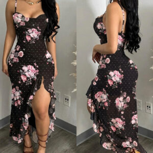 Women's Floral Cowl Neck Cami Midi Dress Casual Rhinestone Mesh Vacation Dress Slit Ruffle Hem Sundress