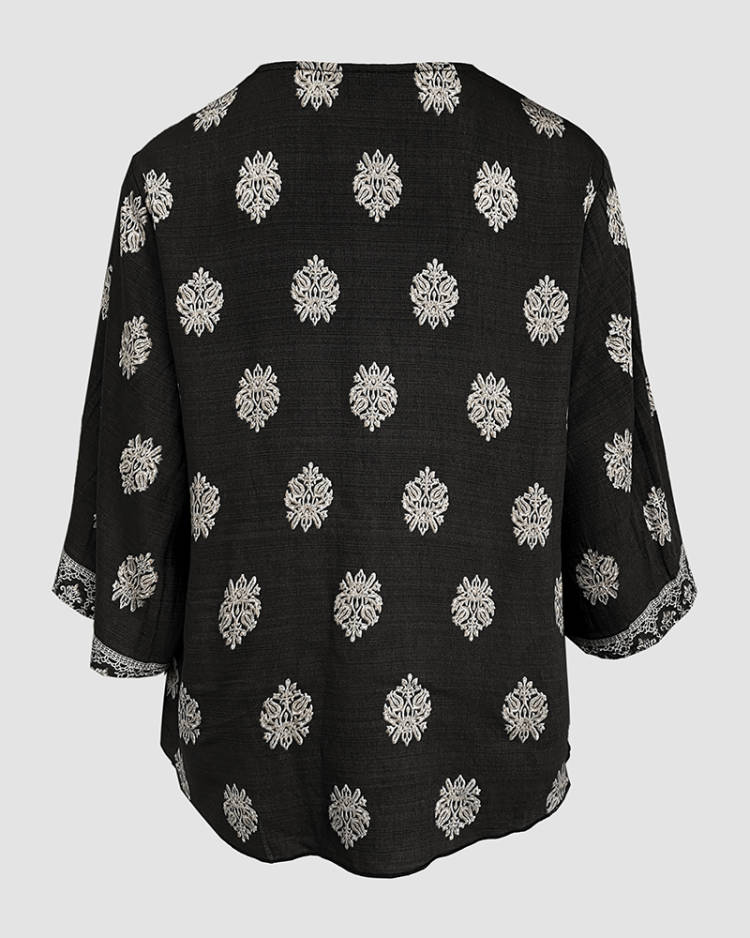 Floral Print V Neck Long Sleeve Blouse Casual Loose Fit Top - Image 12
