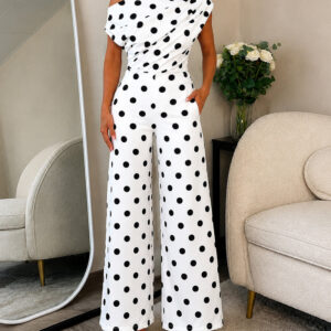 Women's Polka Dot Jumpsuit Skew Neck Ruched Wide Leg Overalls Casual High Waisted Jumpsuit with Pockets