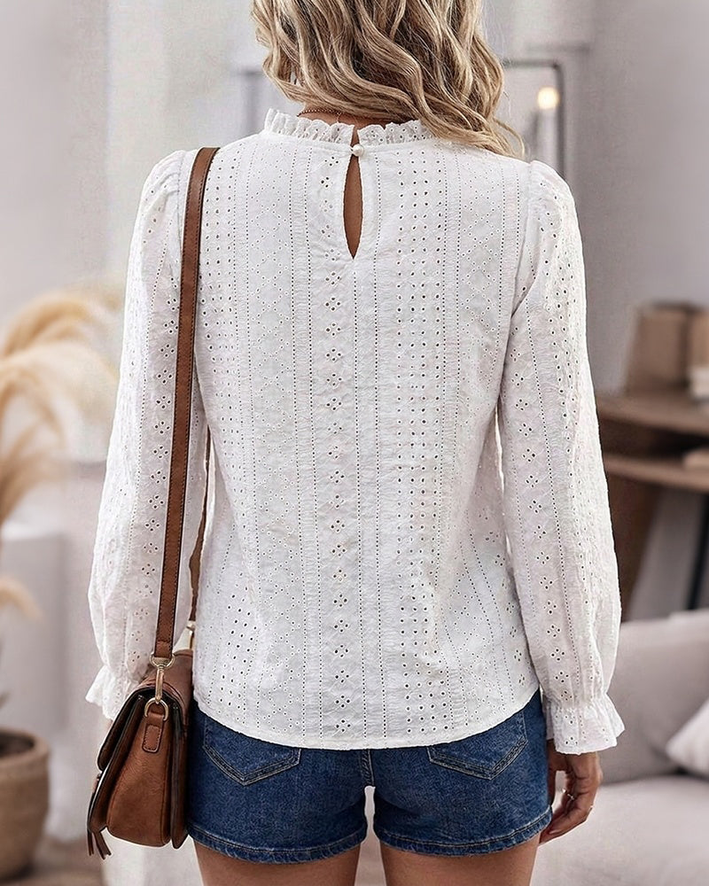 Women's French Style Eyelet Embroidery Blouse Elegant Frill Hem Stand Collar Puff Sleeve Top Lace Patchwork Shirt - Image 2