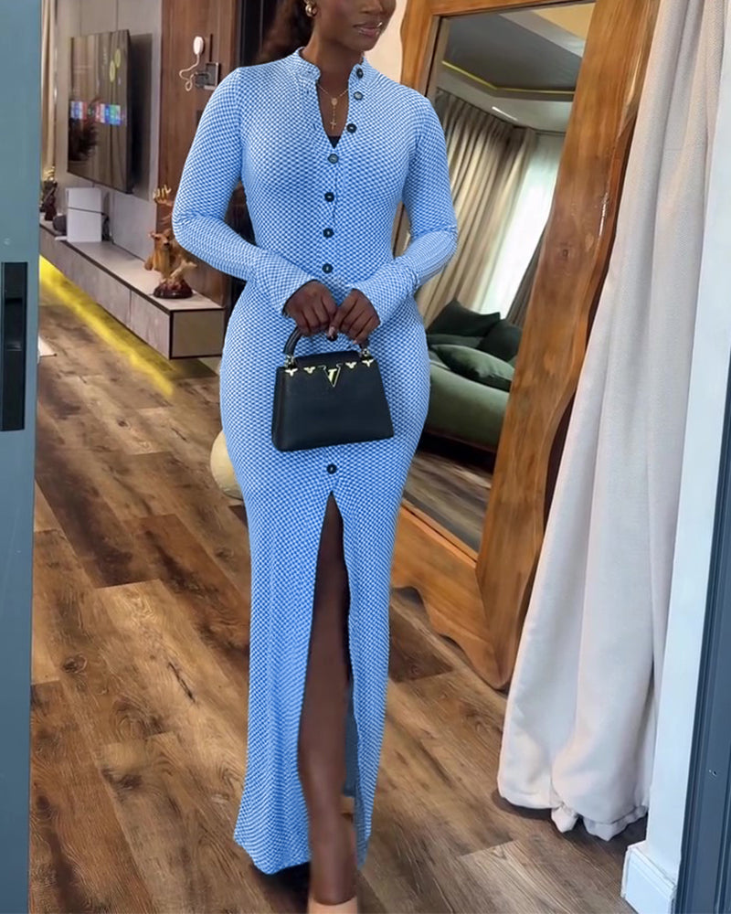 Women's Vintage Plaid Button Front Slit Maxi Dress Long Sleeve Stand Collar Slim Fit Knit Dress - Image 3