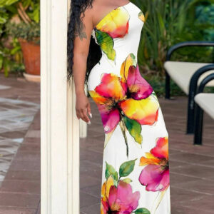 Watercolor Floral Print Slim Fit Stretchy Maxi Dress Chic Tube Dress