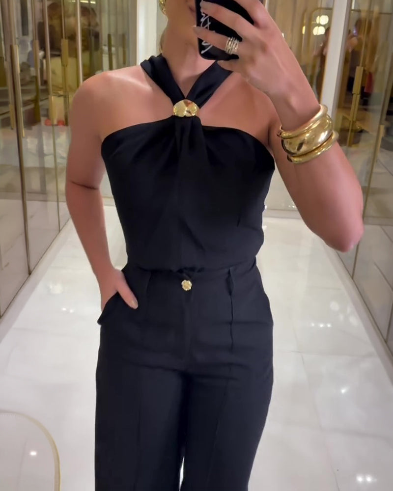 Women's 2 Piece Outfits Halter Neck Ruched Top and Wide Leg Pants Set Elegant Gold Decor Suits - Image 5