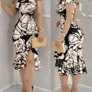 Floral Print Off Shoulder Ruffle Hem Slit Dress Slim Fit Party Dress