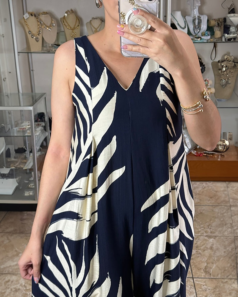 Tropical Plants Print V-Neck Sleeveless Zipper Back Overalls Casual Ruched Wide Leg Loose Fit Jumpsuit - Image 5