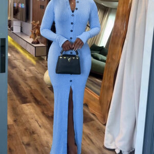 Women's Vintage Plaid Button Front Slit Maxi Dress Long Sleeve Stand Collar Slim Fit Knit Dress