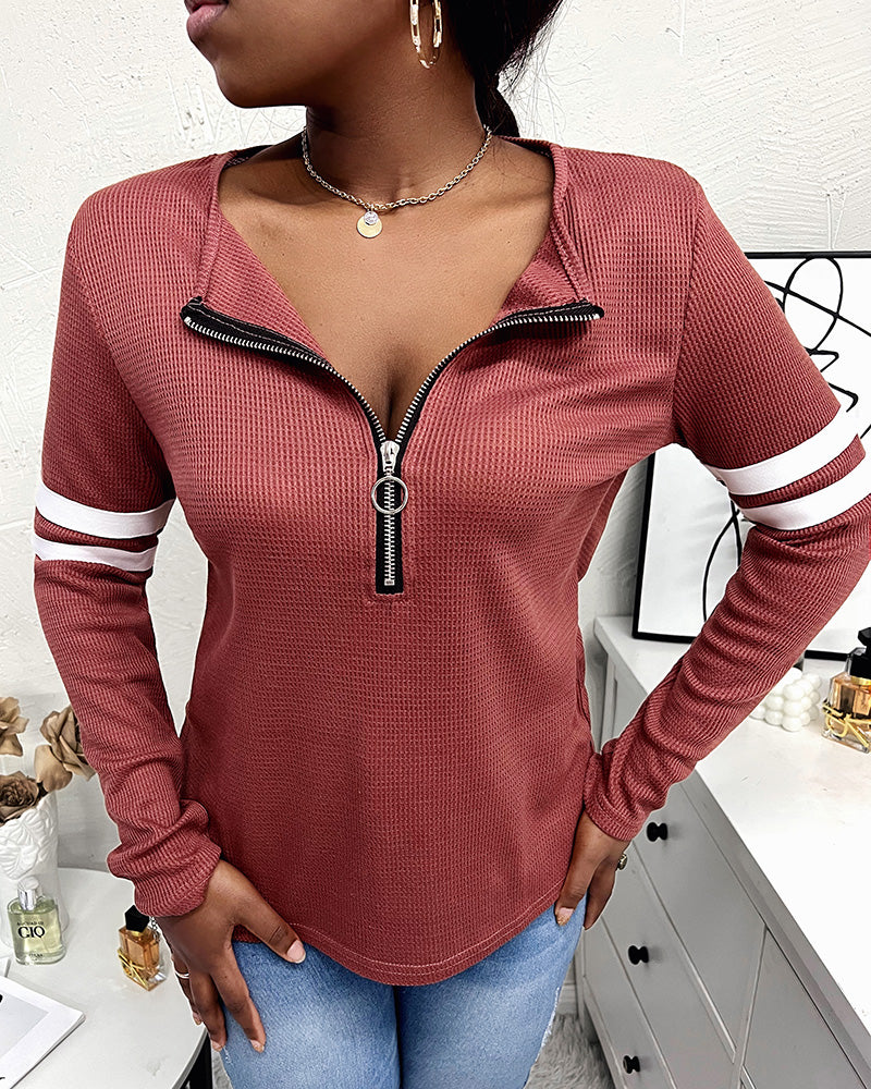Striped Print Zipper Front Long Sleeve Top Waffle Knit Loose Fitting Tunic Tops - Image 9