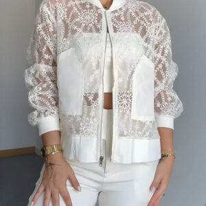 Floral Lace Embroidered Mesh Patchwork High-Low Hem Baseball Coat Casual Side Slit Zip Up Bomber Jacket