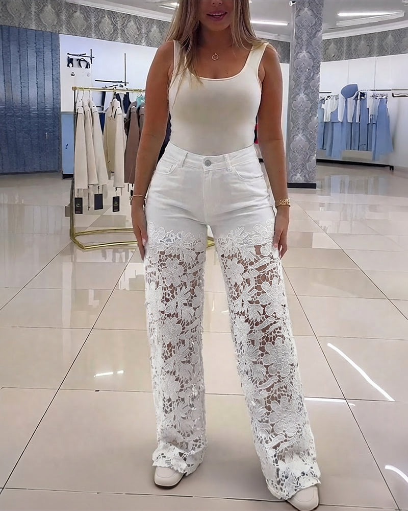 Guipure Lace Spliced High Waist Zipper Fly Wide Leg Washed Jeans - Image 5