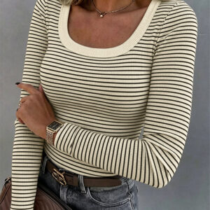 Women's Striped U-Neck Long Sleeve Slim Fit Ribbed Knit Top Casual Layering Top