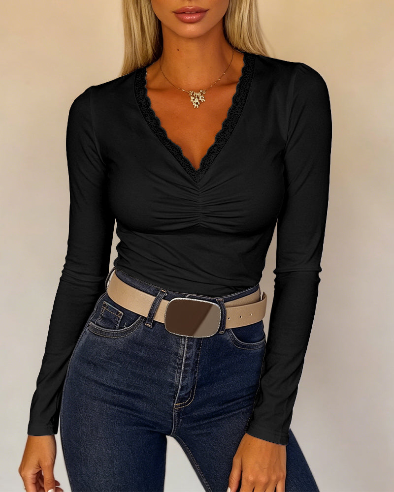 Women's Lace V Neck Ruched T Shirt Slim Fit Long Sleeve Tee Casual Elegant Top - Image 13