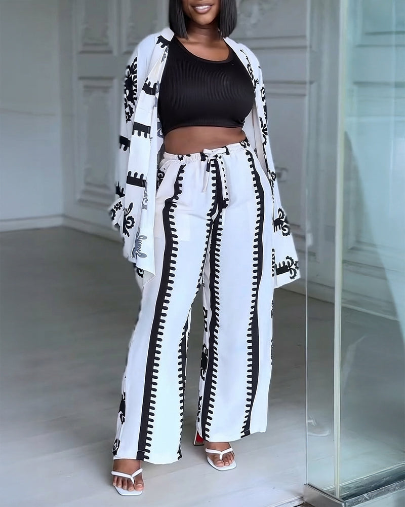 2 Pieces Outfit Open Front Long Sleeve Coat and Drawstring Elastic Waist Wide Leg Pants Set Casual Vintage Baroque Print Loose Fit Set without Tank Top - Image 4