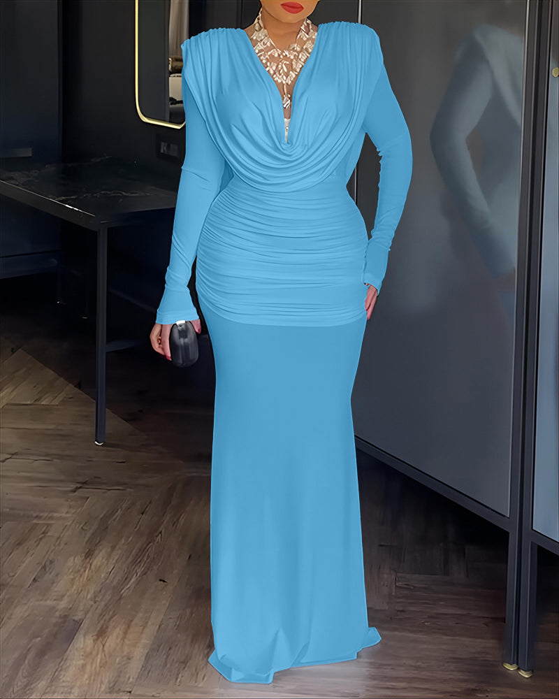 Cowl Neck Ruched Zipper Back Slim Fit Maxi Dress Casual Padded Shoulders Backless Evening Dress - Image 19