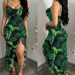 Women's Tropical Plants Cami Midi Dress Casual Rhinestone Mesh Vacation Dress Slit Ruffle Hem Sundress