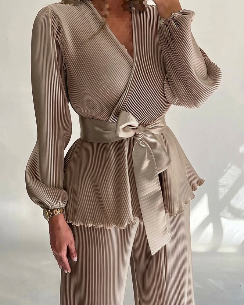 2 Pieces Outfit Overlap V-Neck Lantern Sleeve Tie Waist Ruffle Hem Top and Elastic Waist Wide Leg Pants Set Vintage Frill Hem Satin Pleated Commuting Set - Image 5