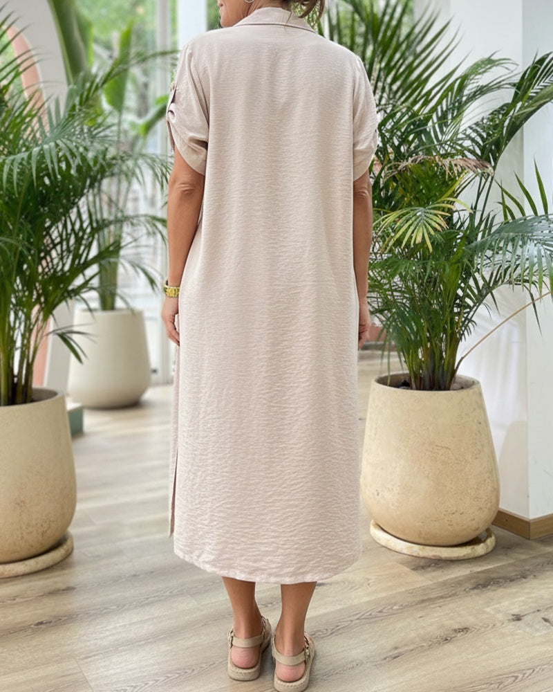 2 Pieces Outfit Turn-down Collar Roll Up Sleeve Button Front Side Slit Mid-length Shirt and Drawstring Elastic Waist Shorts Set Casual Textured Vacation Set - Image 2