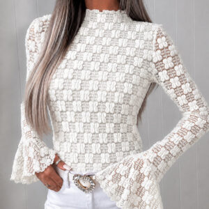 Women's Mock Neck Lace Top Frill Trim Flare Long Sleeve Blouse Jacquard Floral Knit Lined Elegant Top