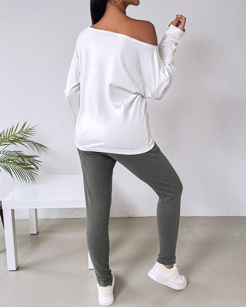 2 Pieces Outfit Nope. Not Today Slogan Print Skew Neck Long Sleeve Pullover Top And Casual Drawstring Stretchy Waist Slim Fit Pants Set - Image 20