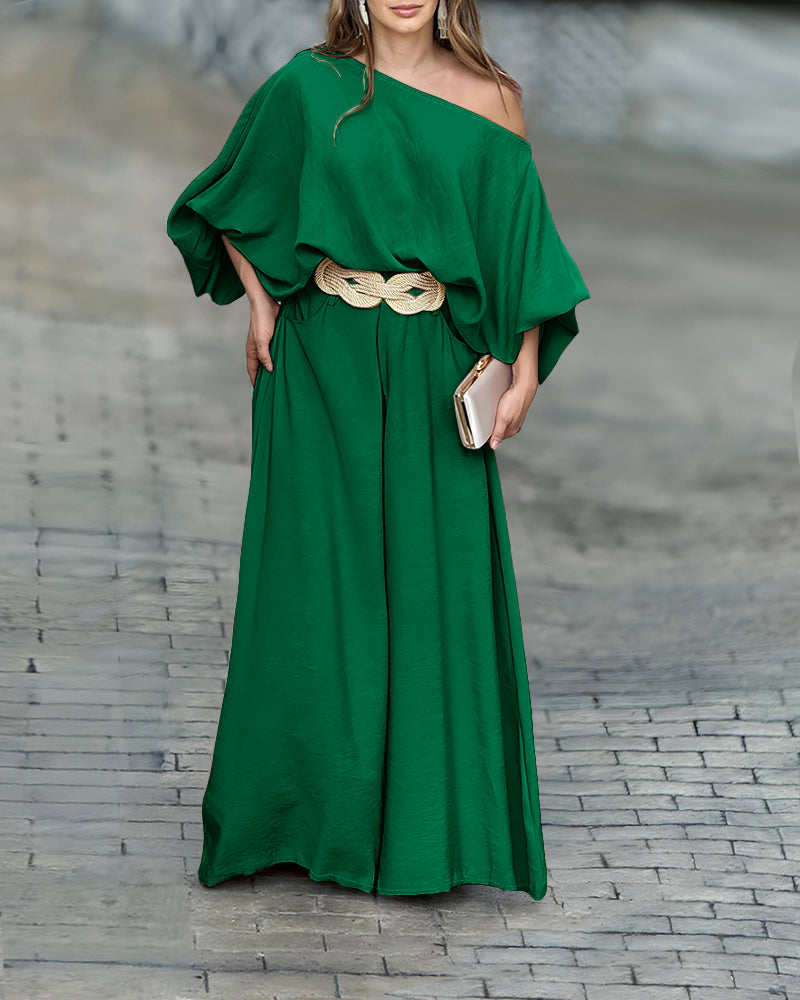 2 Pieces Outfit Turn-down Coll Long Sleeve Button Front Satin Shirt and Casual Vintage Floral Print Elastic Back Waist Wide Leg Pants Set without Belt - Image 18