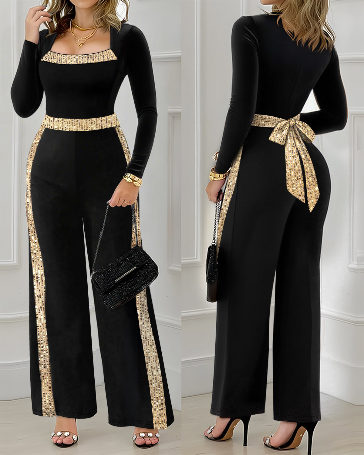 Sequin Bowknot Decor Contrast Sequin Paneled Square Neck Long Sleeve Jumpsuit Casual Cinched Waist Wide Leg Jumpsuit - Image 12