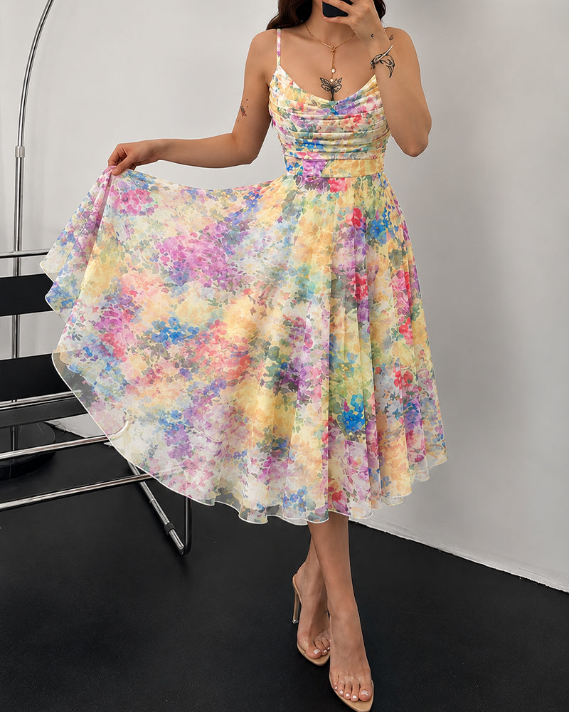 Women's Oil Painting Floral Mesh Midi Dress Sexy Cowl Neck Cami Dress High Waisted Ruched Backless A Line Sundress - Image 3