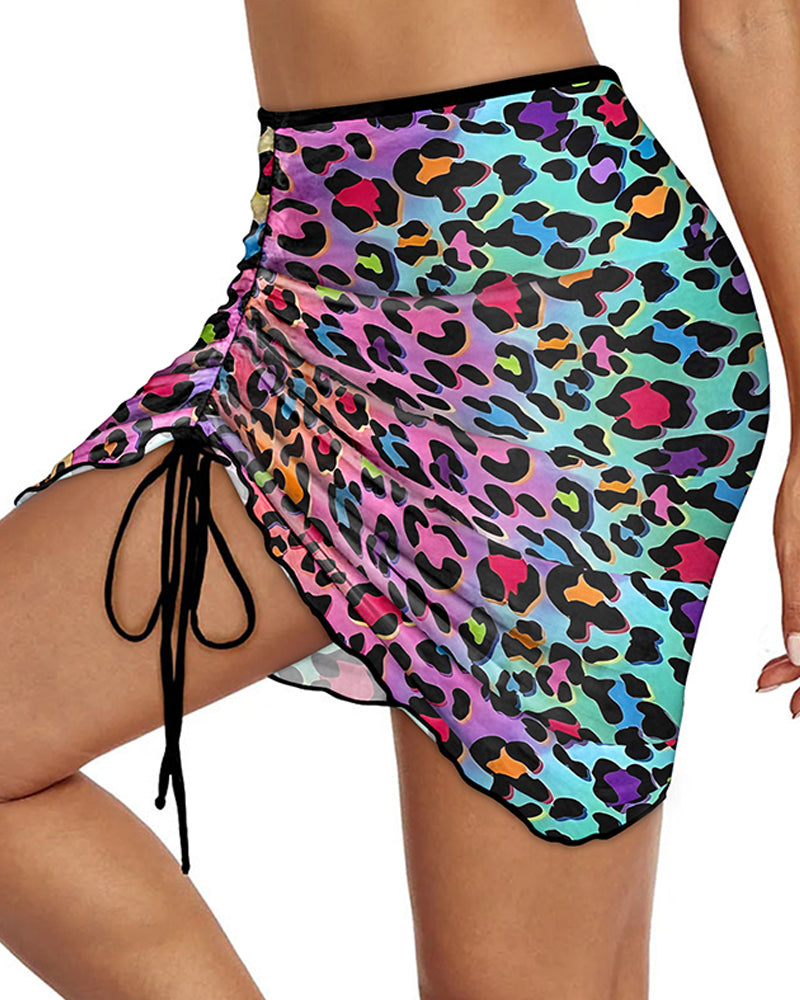Women's Colorful Leopard Mesh Swim Skirt Side Drawstring Ruched Beach Bodycon Skirt - Image 3