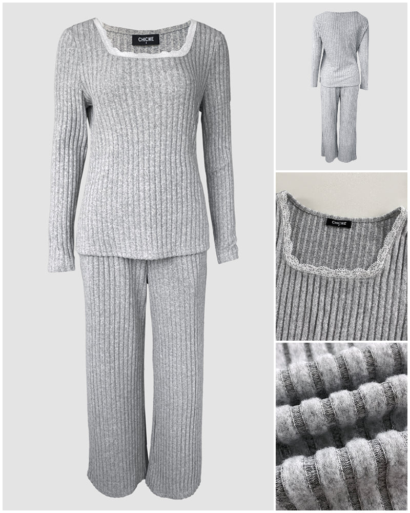 Women's Ribbed Knit Lounge Set Lace Trim Square Neck Long Sleeve Top and Straight Leg Drawstring Pants with Pockets - Image 4