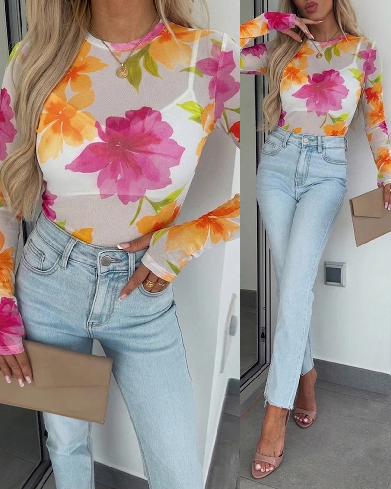 Women's Floral Print Sheer Mesh Top Long Sleeve Slim Fit Crewneck Layering Top with Thumb Hole Cuffs - Image 6