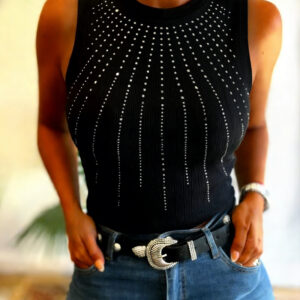 Rhinestone Decor O-neck Sleeveless Tank Slim Fit Ribbed Tank Top