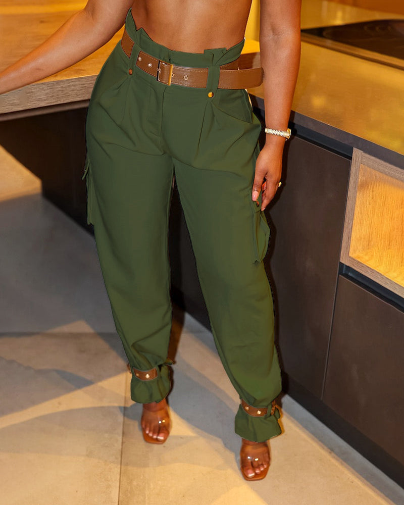Women's Pockets Design Cargo Pants Casual High Waisted Trousers with Contrast Belt - Image 8