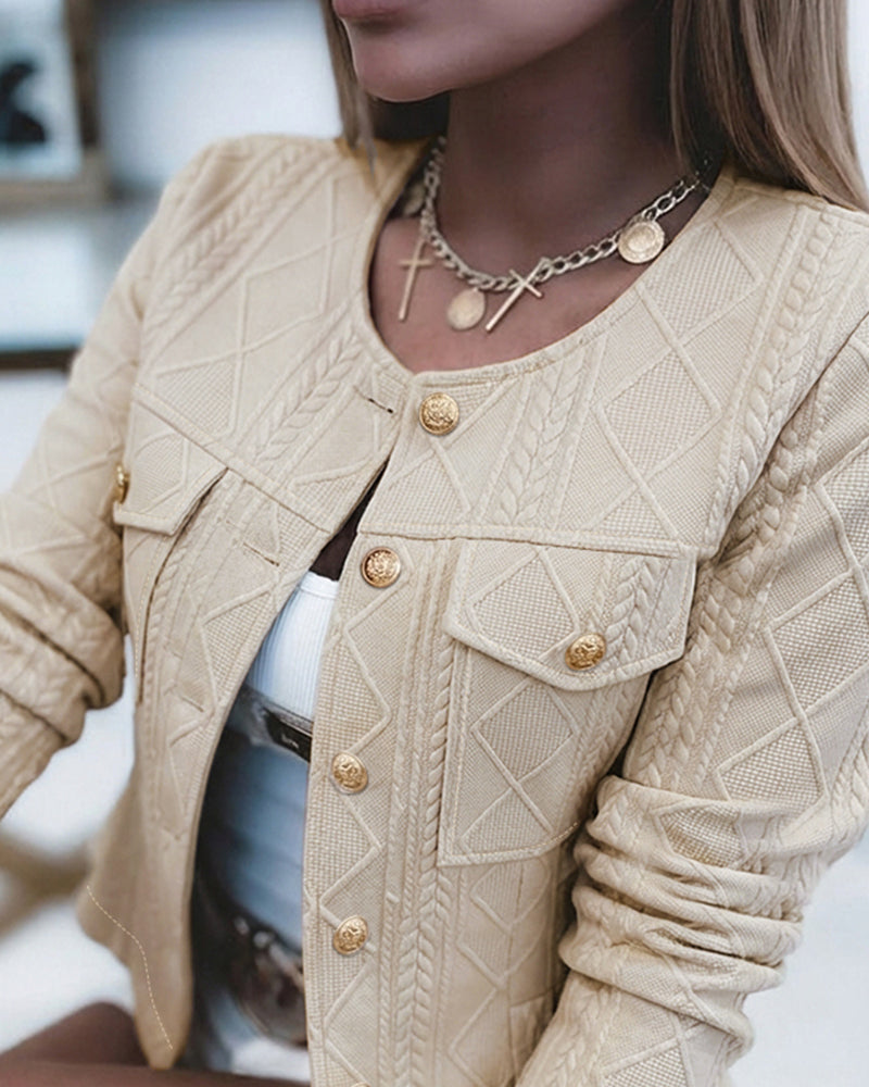 Women's French Style Cropped Jacket Round Neck Gold Button Coat Argyle Cable Jacquard Knit Outerwear - Image 5