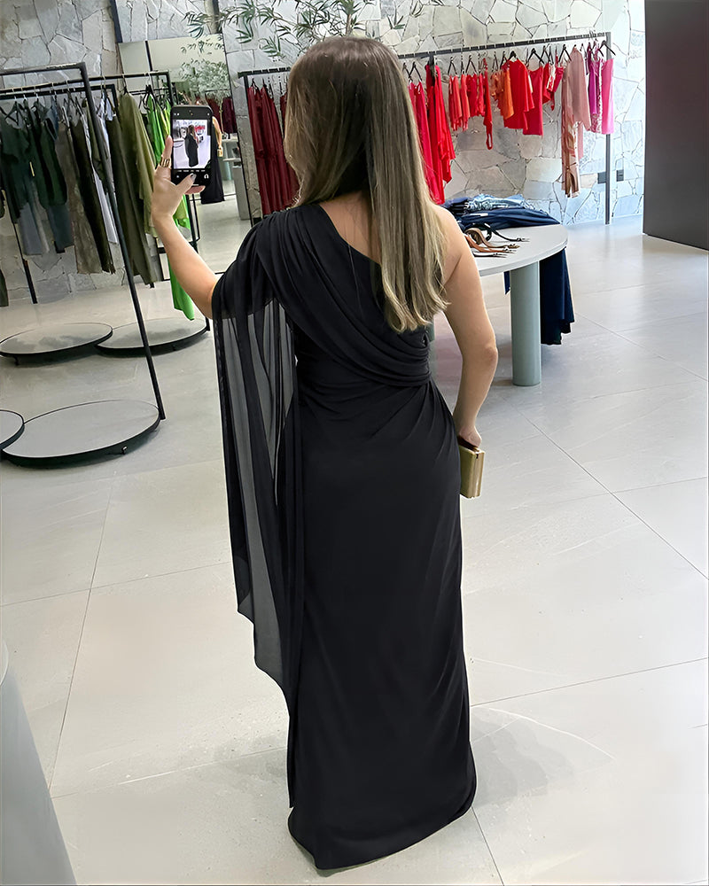One Shoulder Asymmetrical Mesh Cloak Sleeve Ruched Twist Waist Evening Dress Waist Gathered Slit Party Dress - Image 2