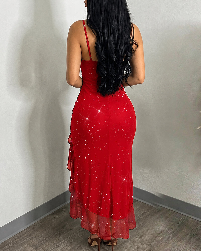 Women's Glitter Mesh Cami Dress Cowl Neck Slit Mermaid Dress Backless Ruffle Hem Party Dress with Built-In Bra - Image 2
