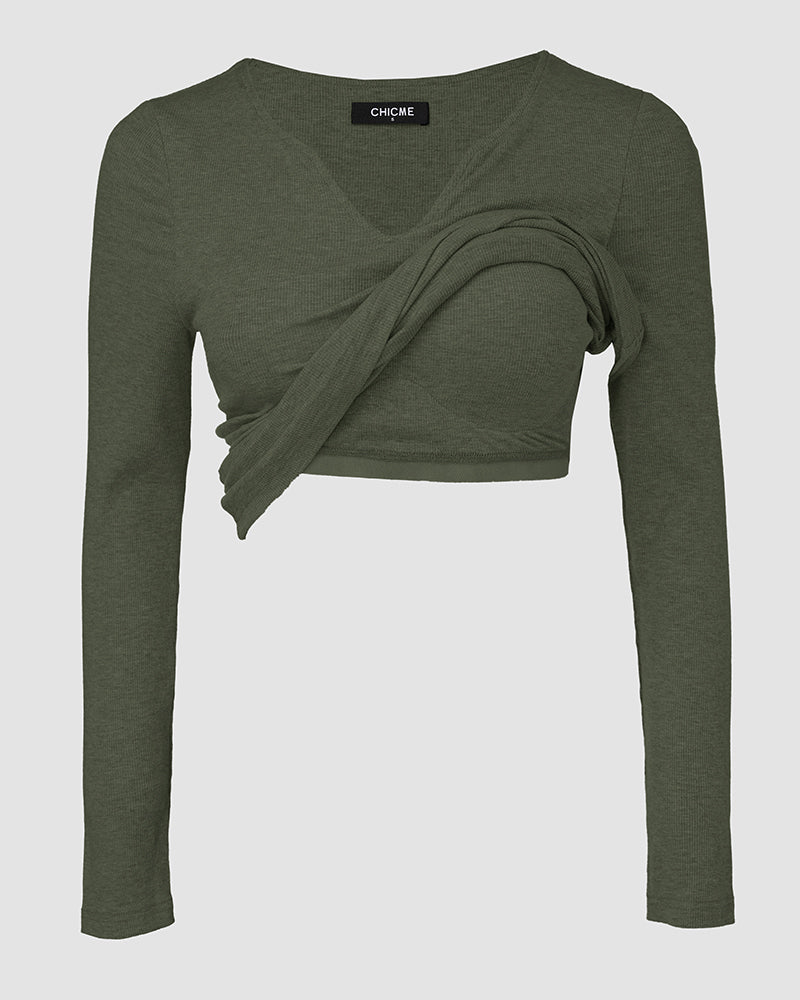Chicme Built In Bra Notch Neck Long Sleeve Shirts Rib Knit Ruched Waist Top - Image 19