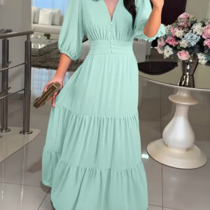 Women's V Neck Three Quarters Sleeve Maxi Dress Shirred Back Ruffle Hem Dress Elegant Flowy Chiffon Dress