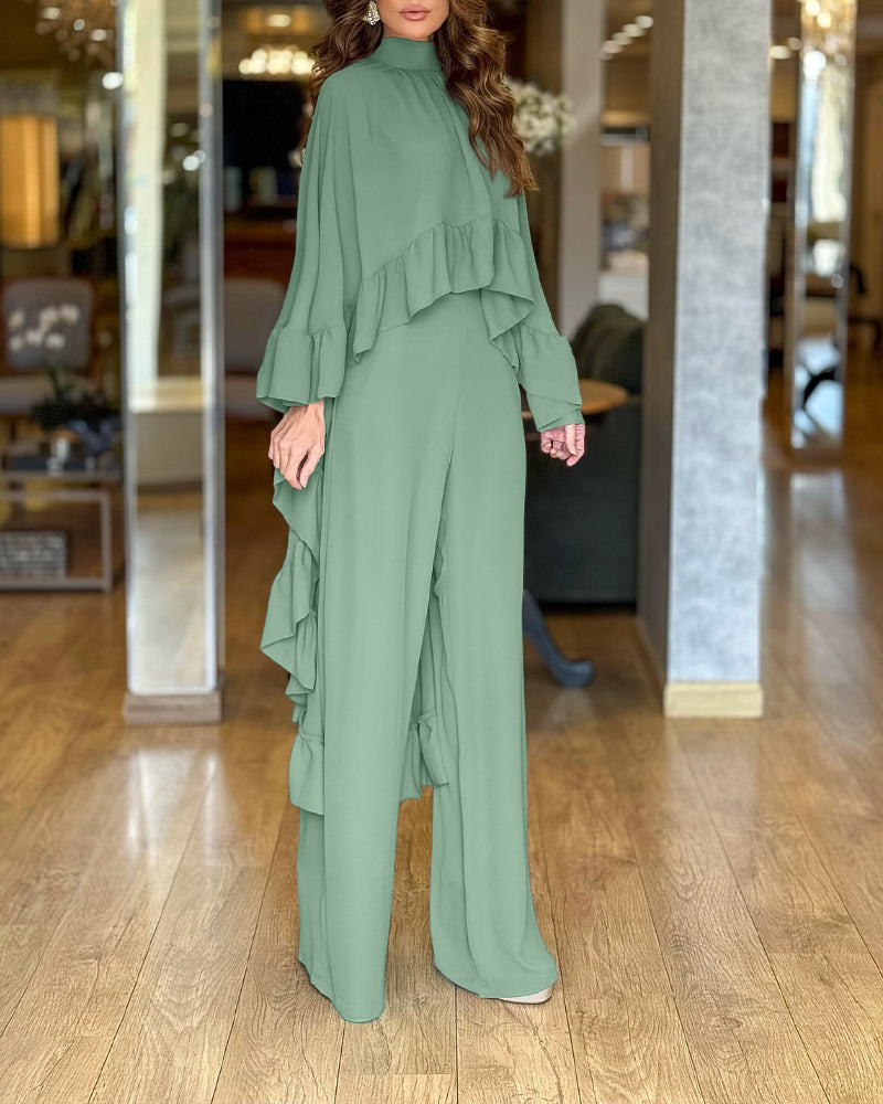 2 Pieces Outfit High Neck Hollow-out Back Ruffles High-Low Hem Cape and Casual Elastic Back Waist Wide Leg Pants Set - Image 7
