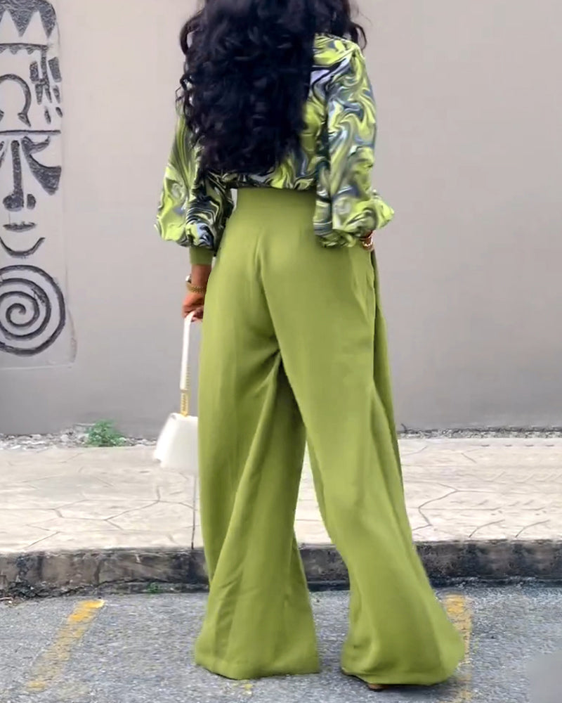 2 Pieces Outfit Abstract Print Cowl Neck Lantern Sleeve Stretchy Hem Crop Top and Casual Zipper Side Ruched Wide Leg Pants Set - Image 2