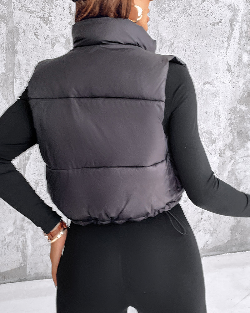 Stand Collar Zip Up Lightweight Cropped Puffer Vest Sleeveless Drawstring Hem Padded Coat - Image 6