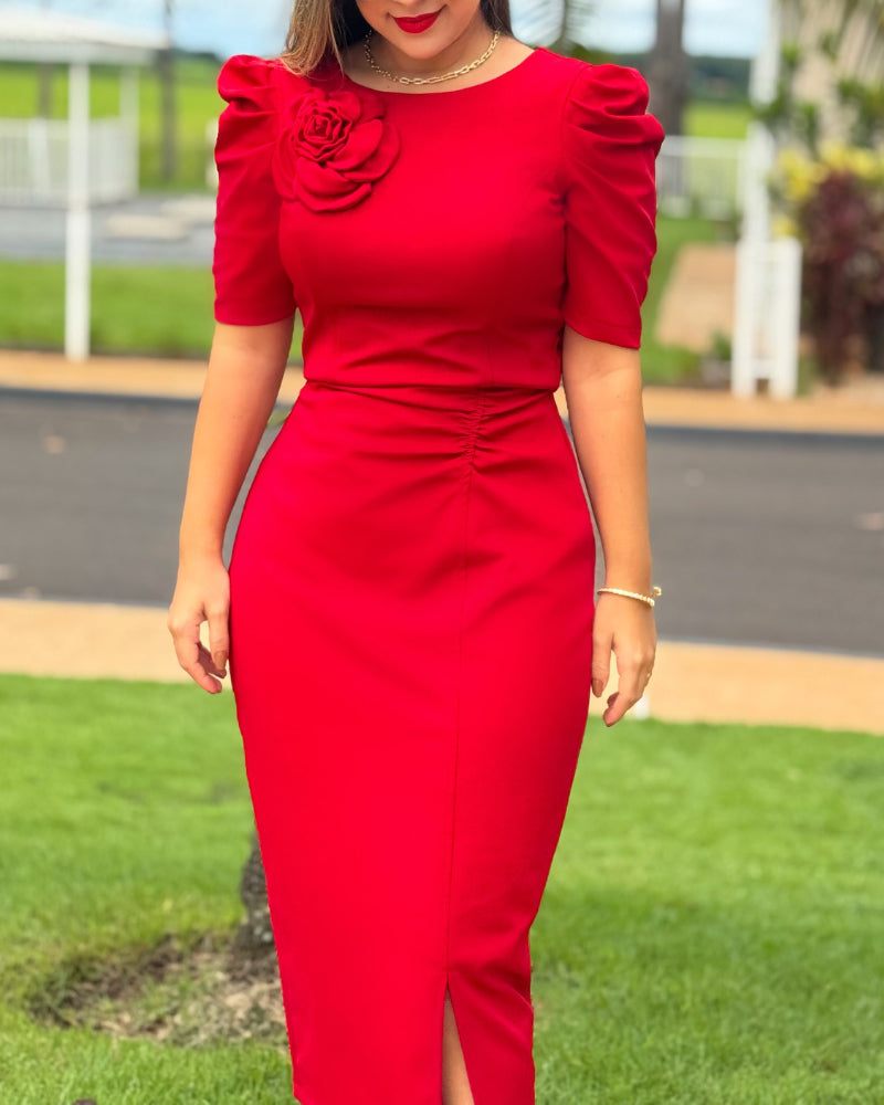 3D Flower Decor Round Neck Puff Sleeve Bodycon Dress Casual Ruched Slit Zipper Back Work Dress - Image 10
