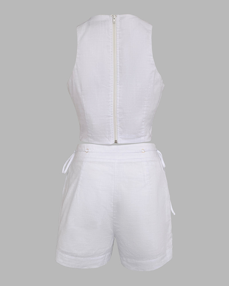 2 Pieces Outfit Button Decor Sleeveless Hollow-out Front Zipper Back Crop Top and Casual Elastic Back Waist Tie Side Shorts Set - Image 6