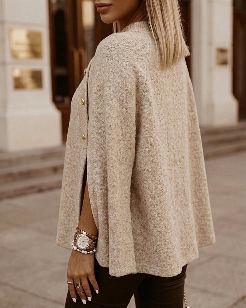 Women's Mock Neck Cape Knit Sweater Loose Old Money Style Pullover Side Slit Batwing Sleeve Winter Warm Cozy Top - Image 2