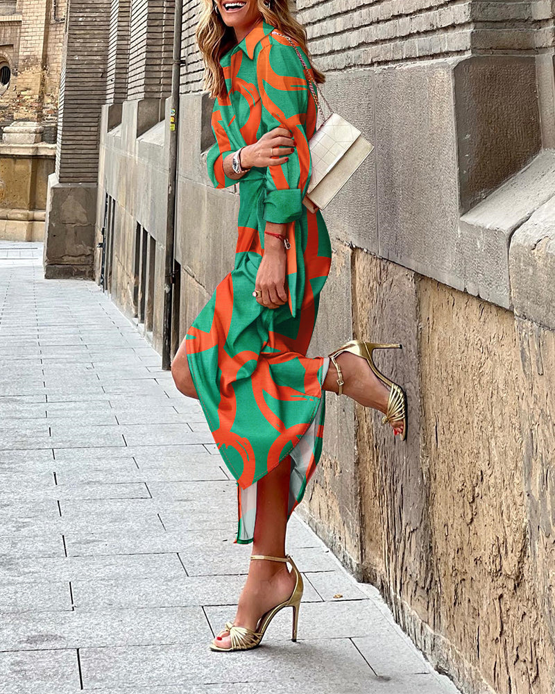 Abstract Print Turn-down Collar Tied Detail Ruched Dress Casual Wrap Front Vacation Dress - Image 2