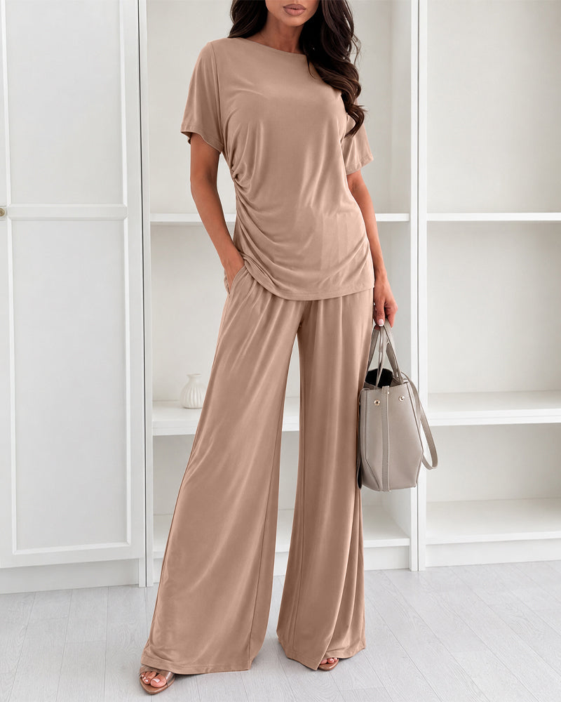 Women's 2 Piece Outfit Boat Neck Ruched Side Top and Wide Leg Pants Set Casual Draped Lounge Set - Image 5