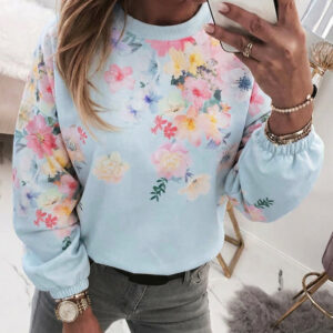 Women's Watercolor Floral Sweatshirt Casual Crewneck Pullover Lantern Sleeve Loose Fit Top