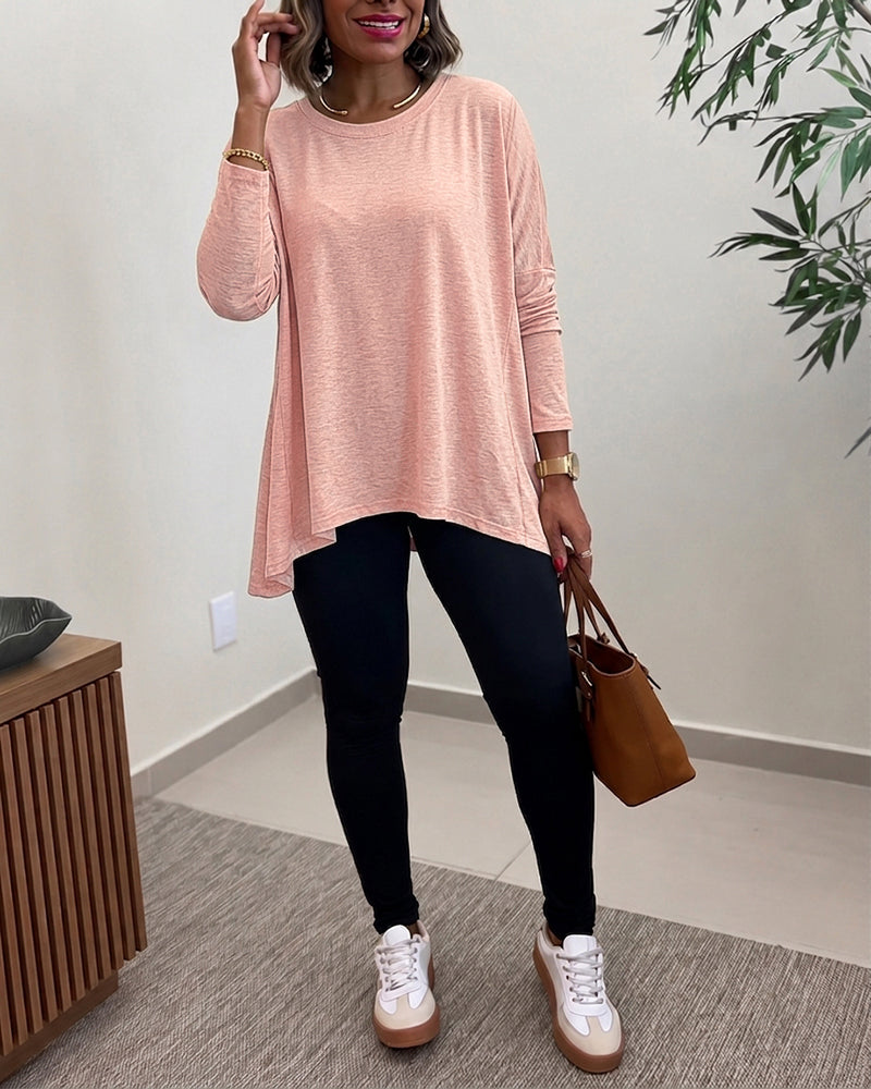 Women's Asymmetric Hem Long Sleeve Top Loose Fit Dropped Shoulder Crewneck Soft Slouchy Casual Tee - Image 12