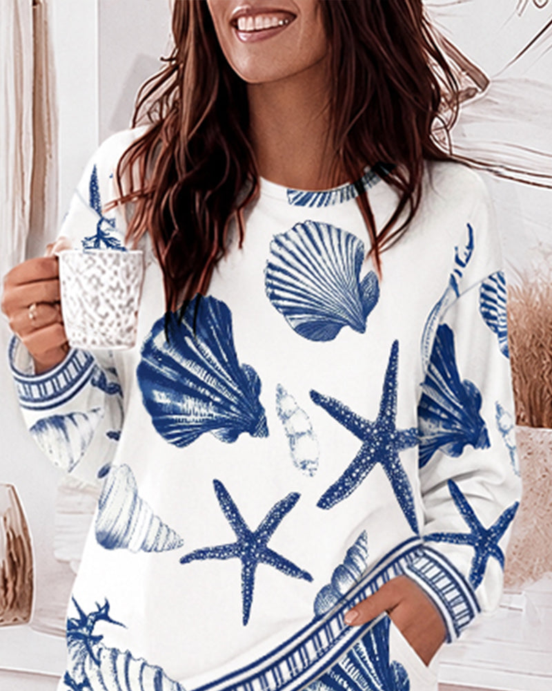 Women's 2 Piece Ocean Style Pajama Set Long Sleeve Top and Wide Leg Pants Casual Lounge Set - Image 4