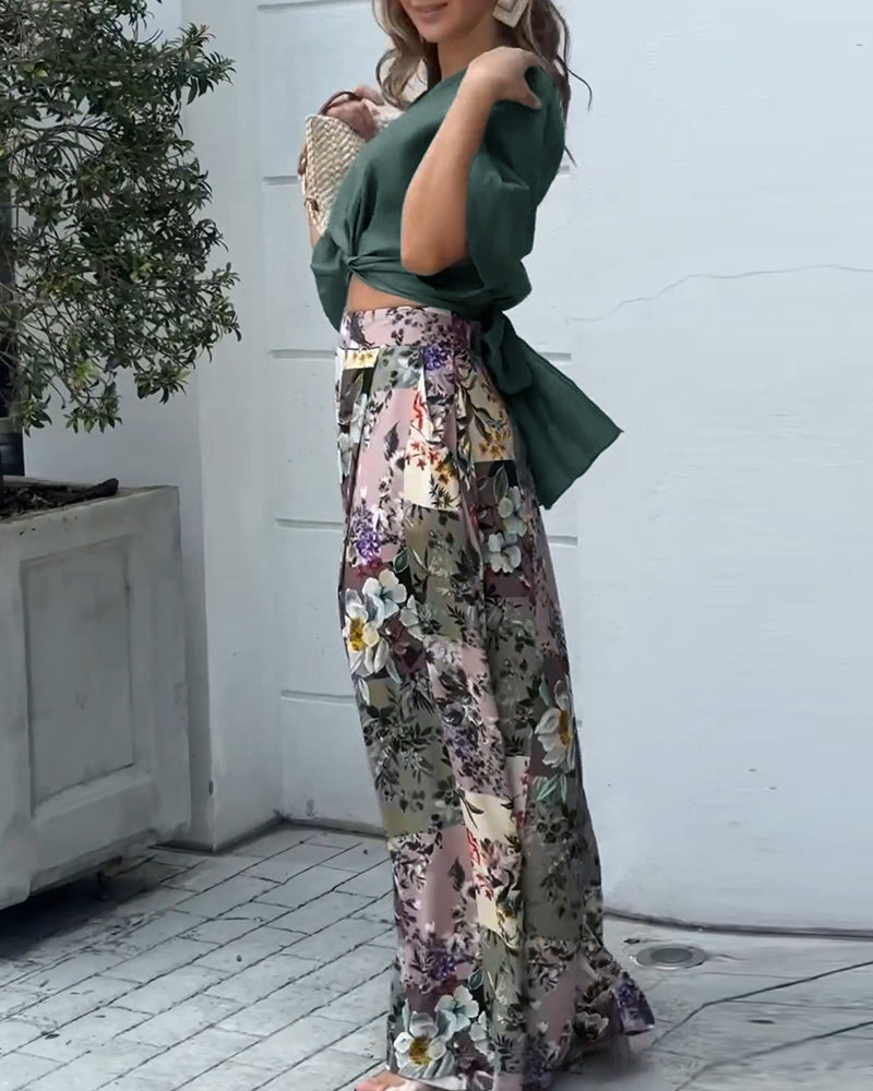Twisted Crop Top & Floral Print Wide Leg Pants Set - Image 3