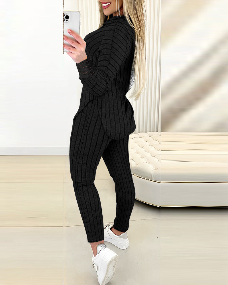 2 Pieces Outfit Drop Shoulder Lace Cuffs Asymmetrical Hem Drawstring Hoodie Top and Elastic Waist Slim Fit Pants Set Casual Brushed Ribbed Set - Image 7