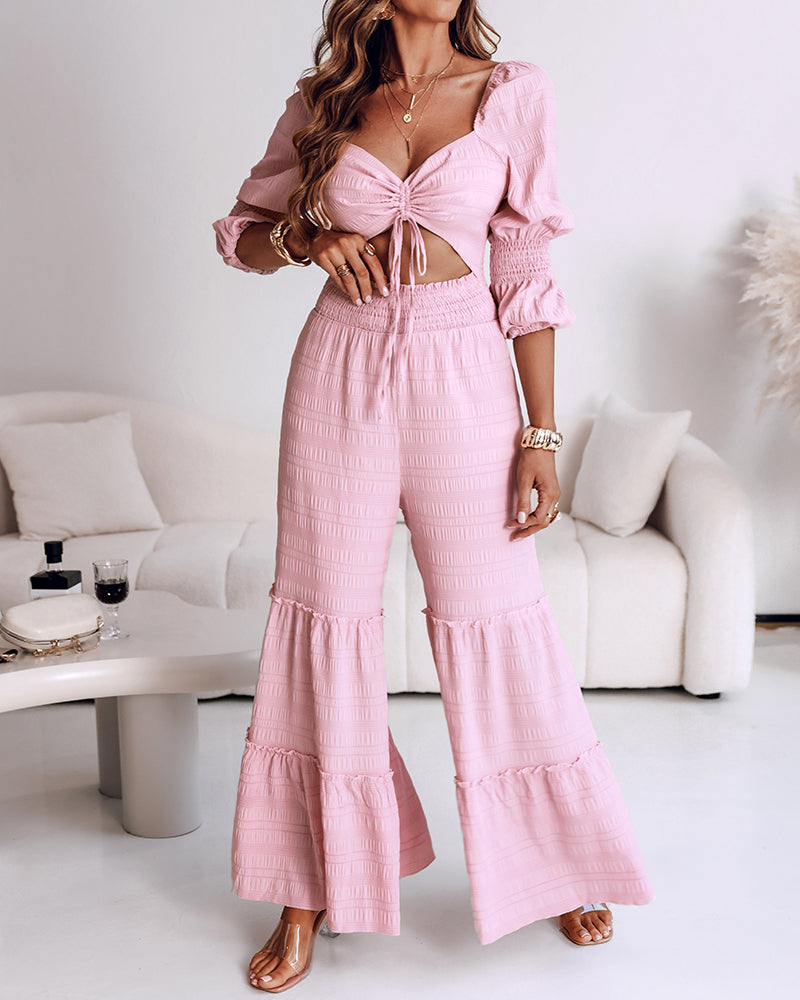 Sweetheart Neck Puff Sleeve Drawstring Front Shirred Overalls Casual Cutout Front Ruffle Hem Wide Leg Jumpsuit - Image 5