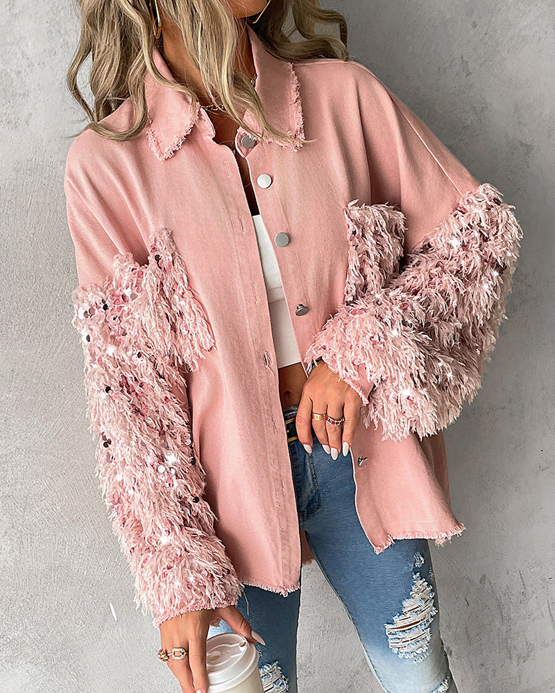 Sequin Decor Turn-down Collar Button Front Pockets Design Denim Coat Casual Fuzzy Spliced Raw Trim Shacket - Image 5